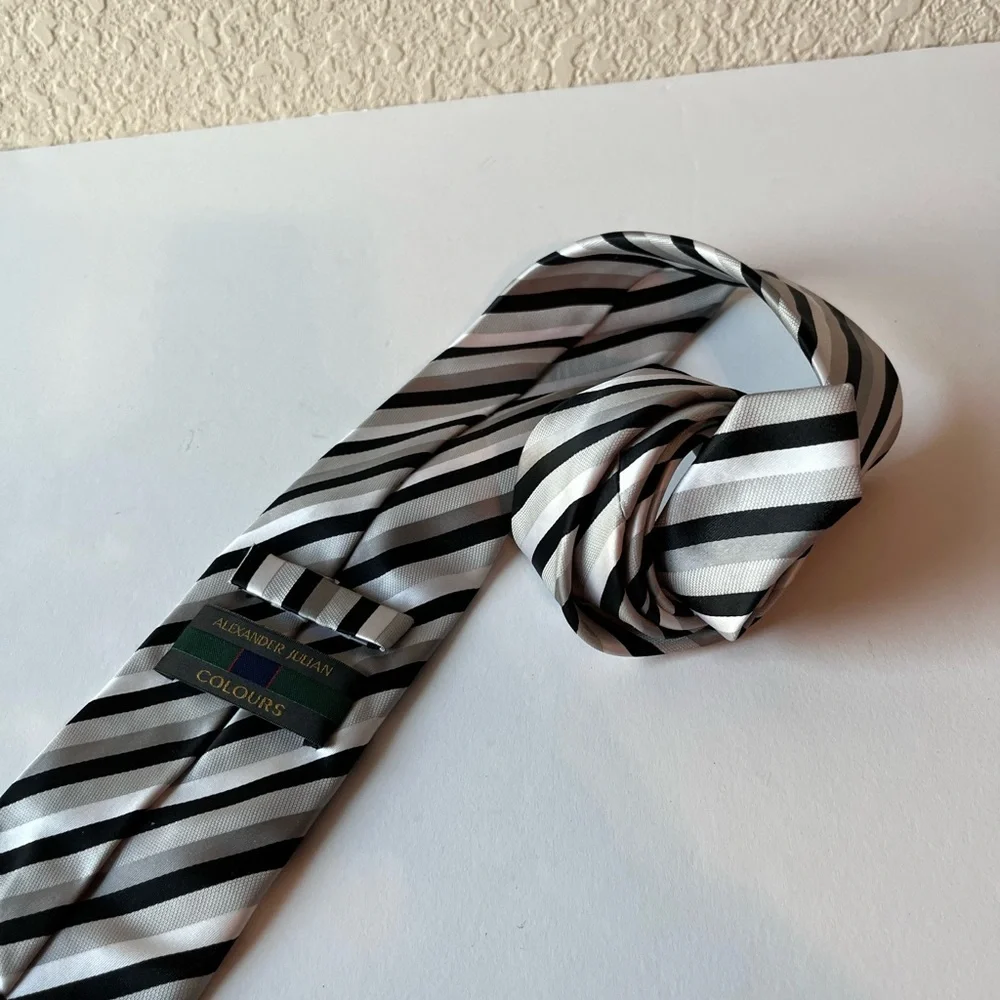 Alexander Julian Colours Striped Mens Neck Tie Gray Black White Polyester